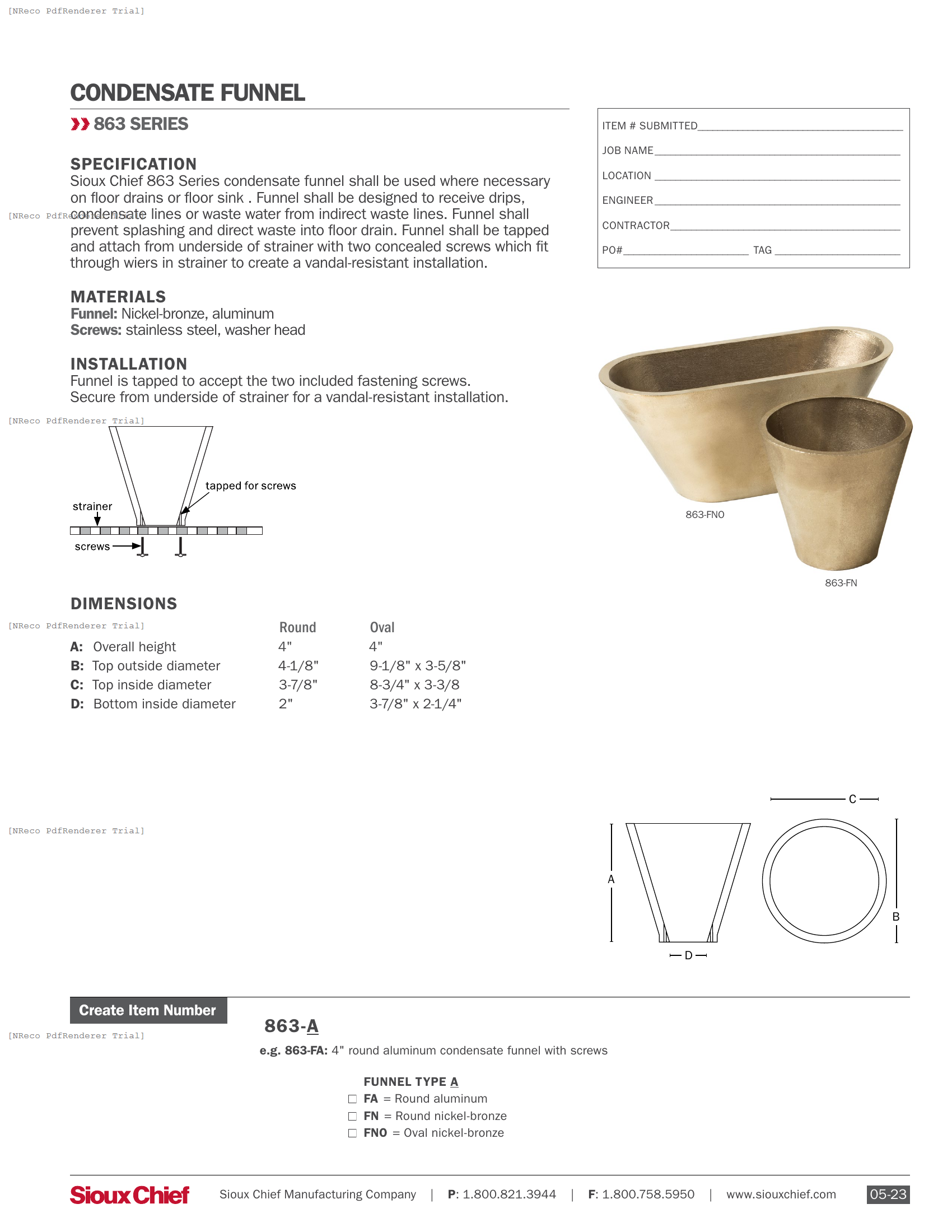 863 SERIES - CONDENSATE FUNNELS - SPEC SHEET.PDF Specification Document